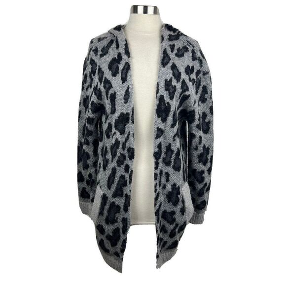 The Kooples Cardigan M Womens Gray Black Animal Print Mohair Wool Pockets Hooded - Picture 1 of 11